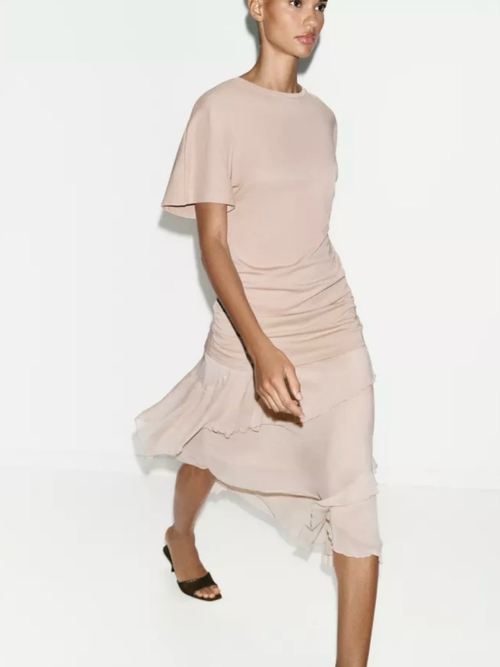 Zara Soft Taupe ruffled combination dress